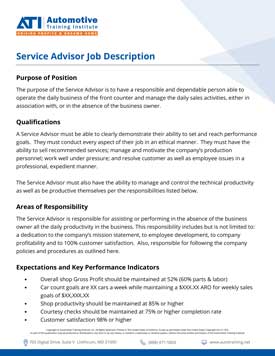 ATI's Sample Service Advisor Job Description